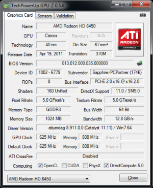 SAPPHIRE Radeon HD 6450 GPU-Z
