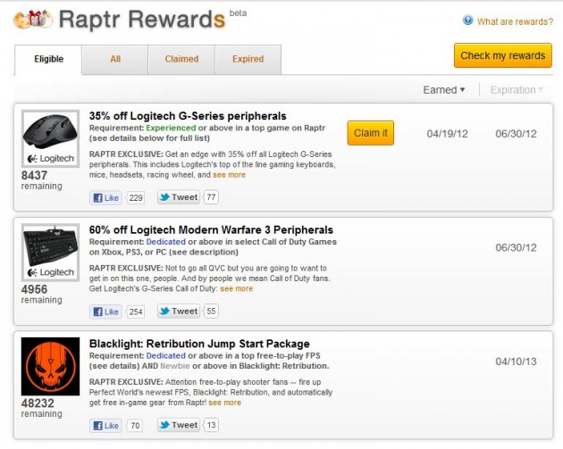 Raptr rewards interface