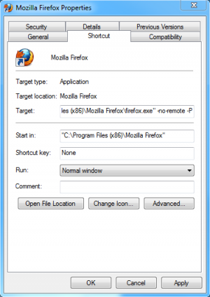 Pinned Shortcut Properties Dialog